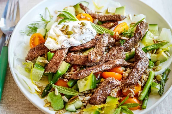 bef salad with grains and labneh