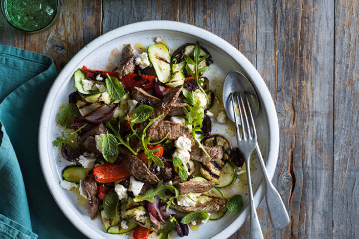 mediterranean vegetable and beef strip salad