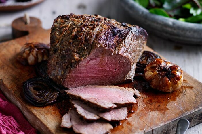 beef topside roast with horseradish beetroot and green beans