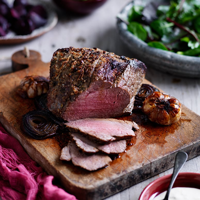 beef topside roast with horseradish beetroot and green beans