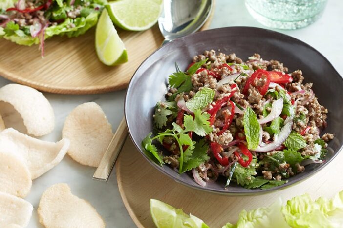 minced beef larb with roasted rice sq