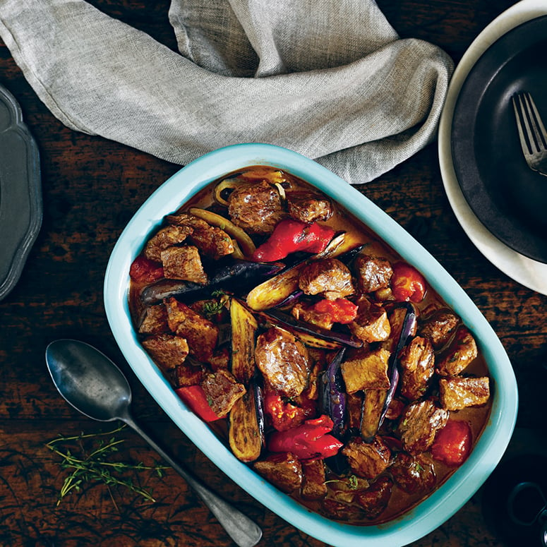 one pot beef casserole with roasted eggplant and capsicum