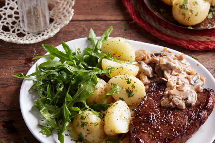 rump steak with mushroom sauce and baby potatoes